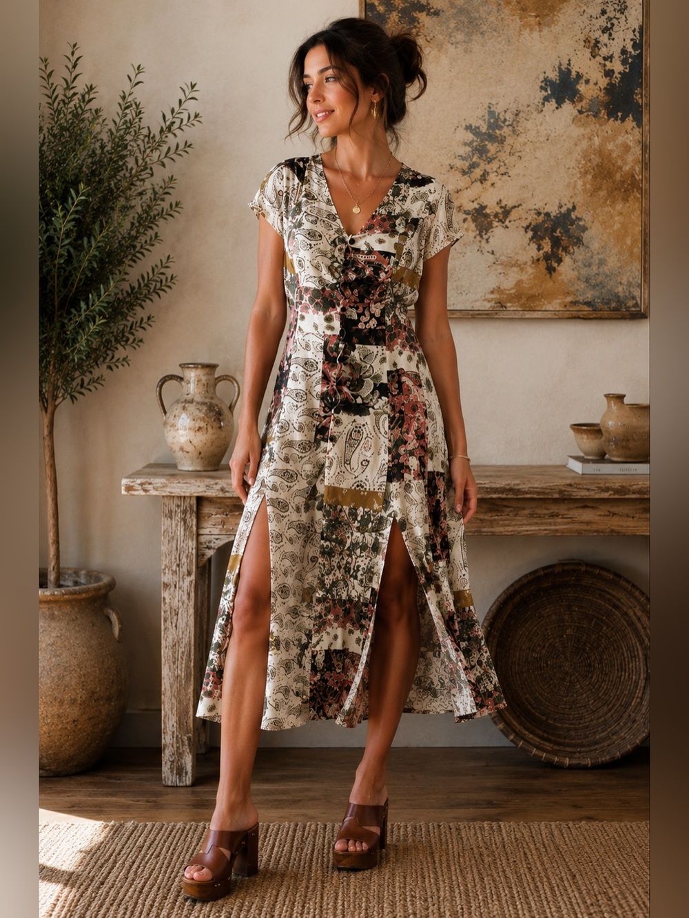 Zara Bohemian Floral Midi Dress | Size Small | Front Slits Detail